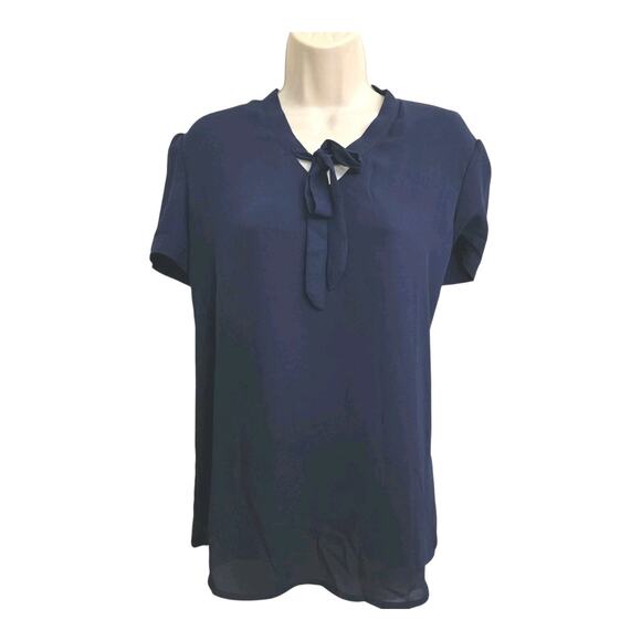 ACEVOG Womens Blue Tie Neck Loose Top Chiffon Blouse Large Office Chic NWT - Picture 1 of 6